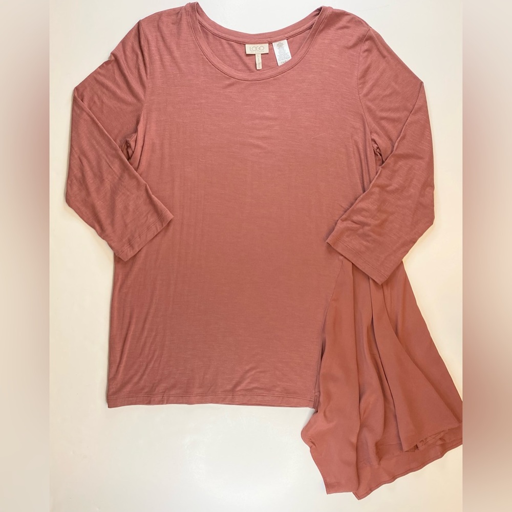 Logo Lori Goldstein Tunic Drape Asymmetrical Slub Knit Top Rose Clay Pink Sz L